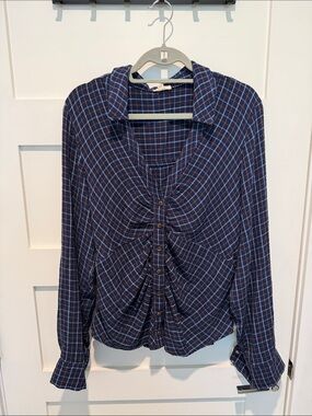 Plaid Button-Front Women’s Pilcro Top - Navy and Light Blue